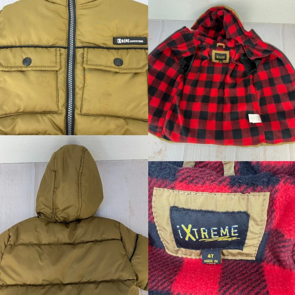 iXtreme‎ Boys Puffer Jacket 4T Tan Hooded Plaid Lined Coat
